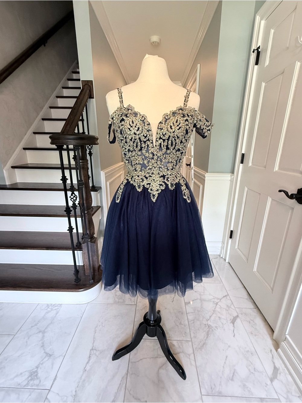 Navy Tulle Party Dress with Gold Beaded Bodice
